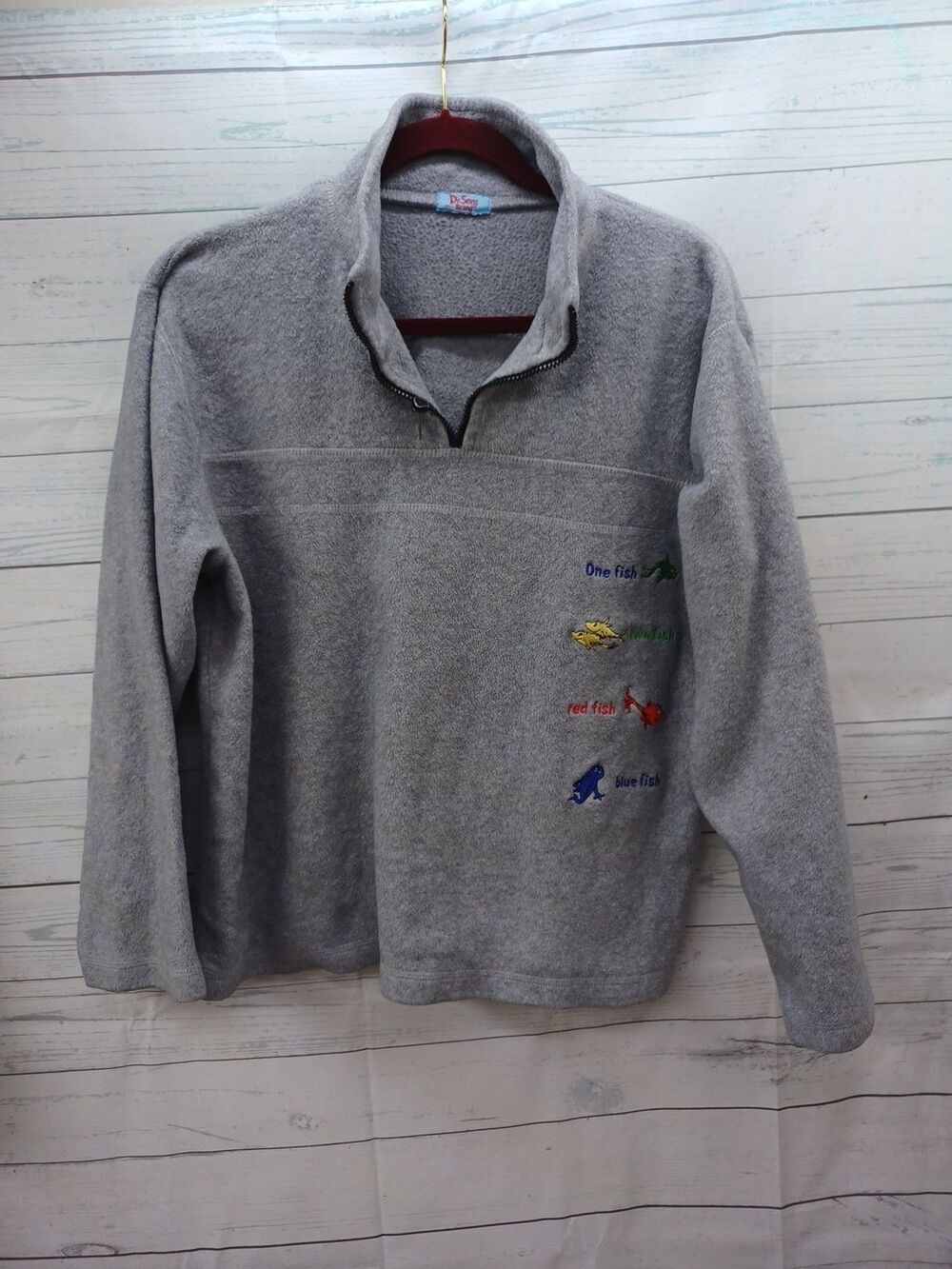 Dr Seuss Mens Sweater L Gray Fleece Quarter Zip Pullover Long Sleeve Fish
